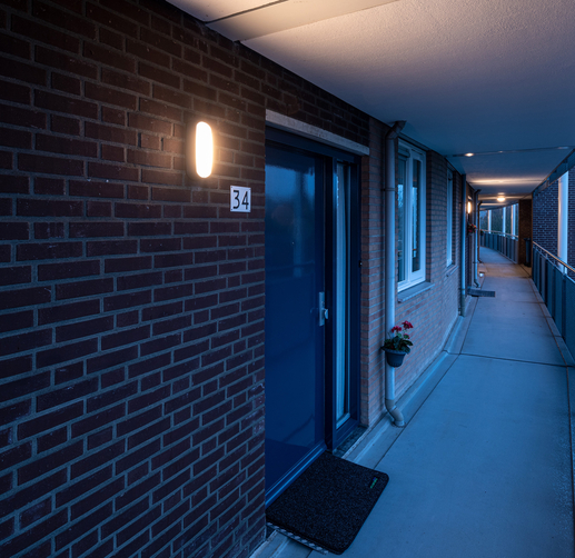 Lightronics RINK armaturen op een galerij van een appartementencomplex van Veluwonen in Eerbeek Lightronics RINK armaturen op een galerij van een appartementencomplex van Veluwonen in Eerbeek